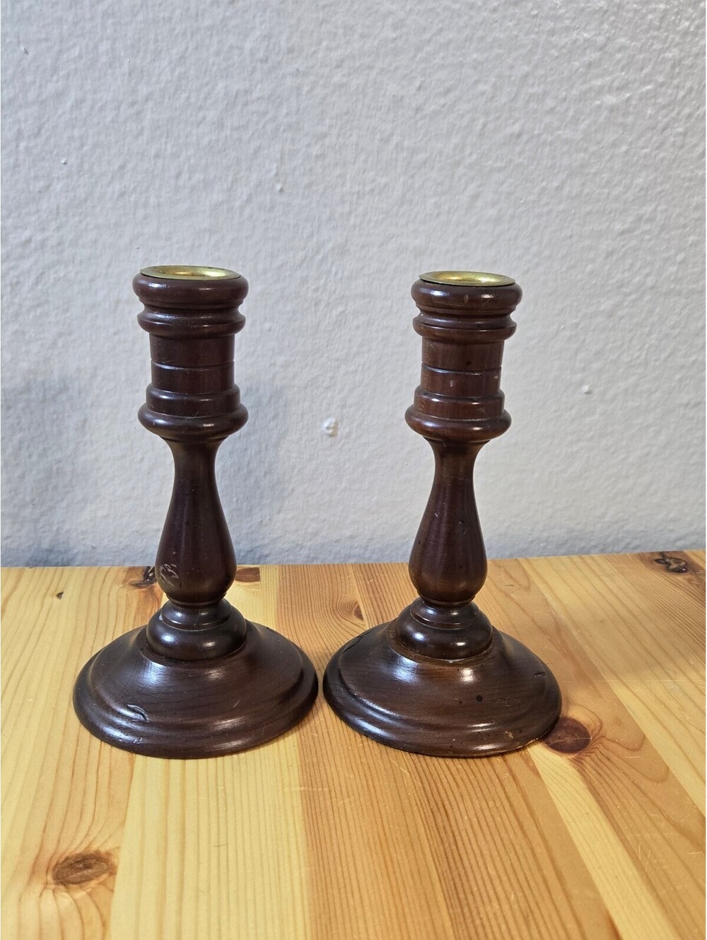 Pair of Vintage Charles Lesters Wooden Candle Holders with Brass Accents